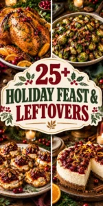 Collage of holiday feast and leftover recipes featuring roasted turkey and seasonal sides