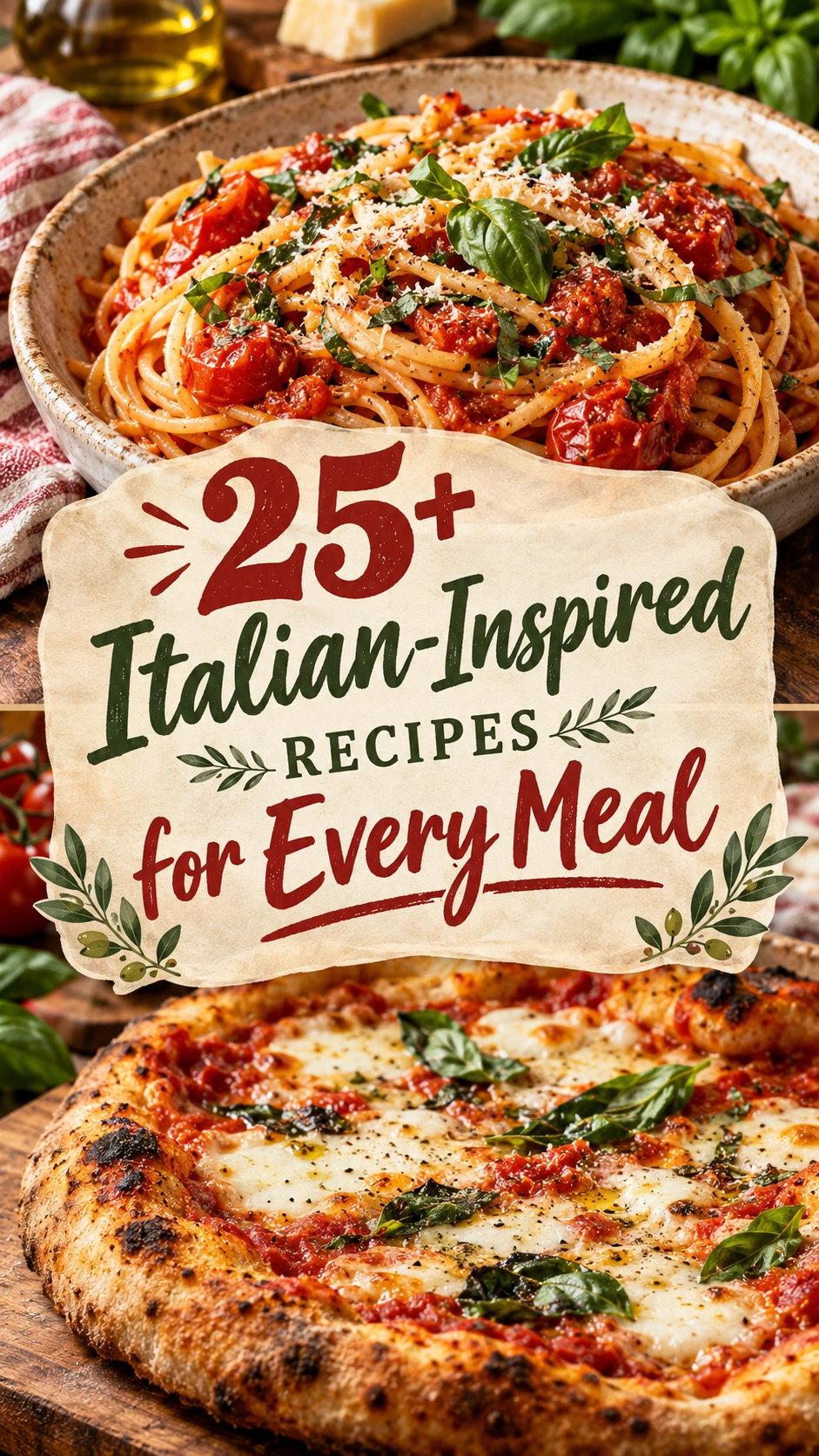 A collage of Italian-inspired recipes featuring pasta, pizza, and desserts in a listicle layout
