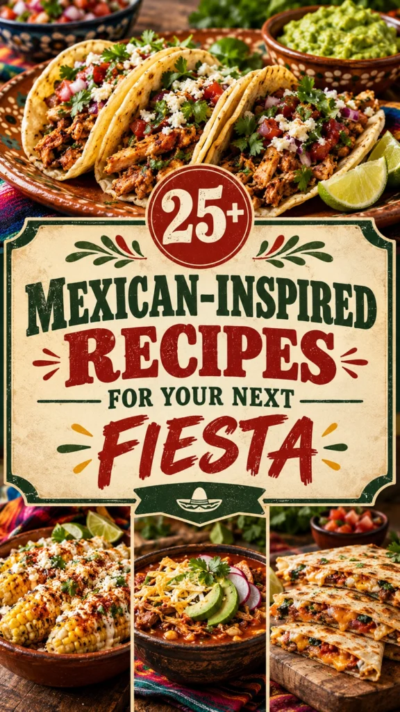 A collage of Mexican-inspired recipes including tacos and guacamole with festive typography