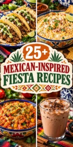 A collage of various Mexican-inspired recipes including tacos, guacamole, and festive appetizers