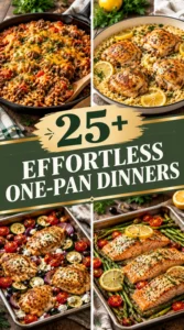Collage of various one-pan dinners featuring roasted vegetables, chicken, and pasta dishes