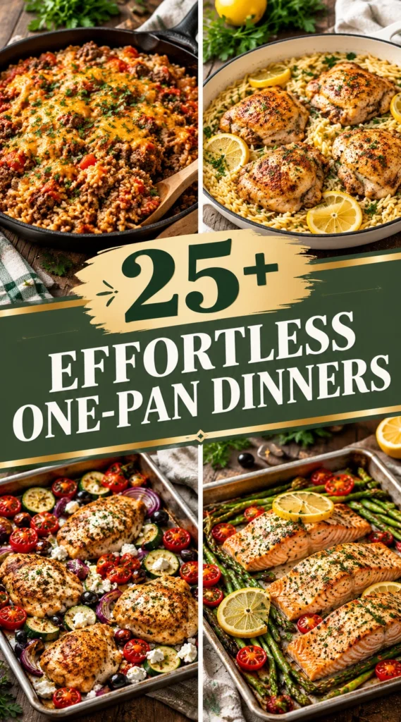 Collage of various one-pan dinners featuring roasted vegetables, chicken, and pasta dishes