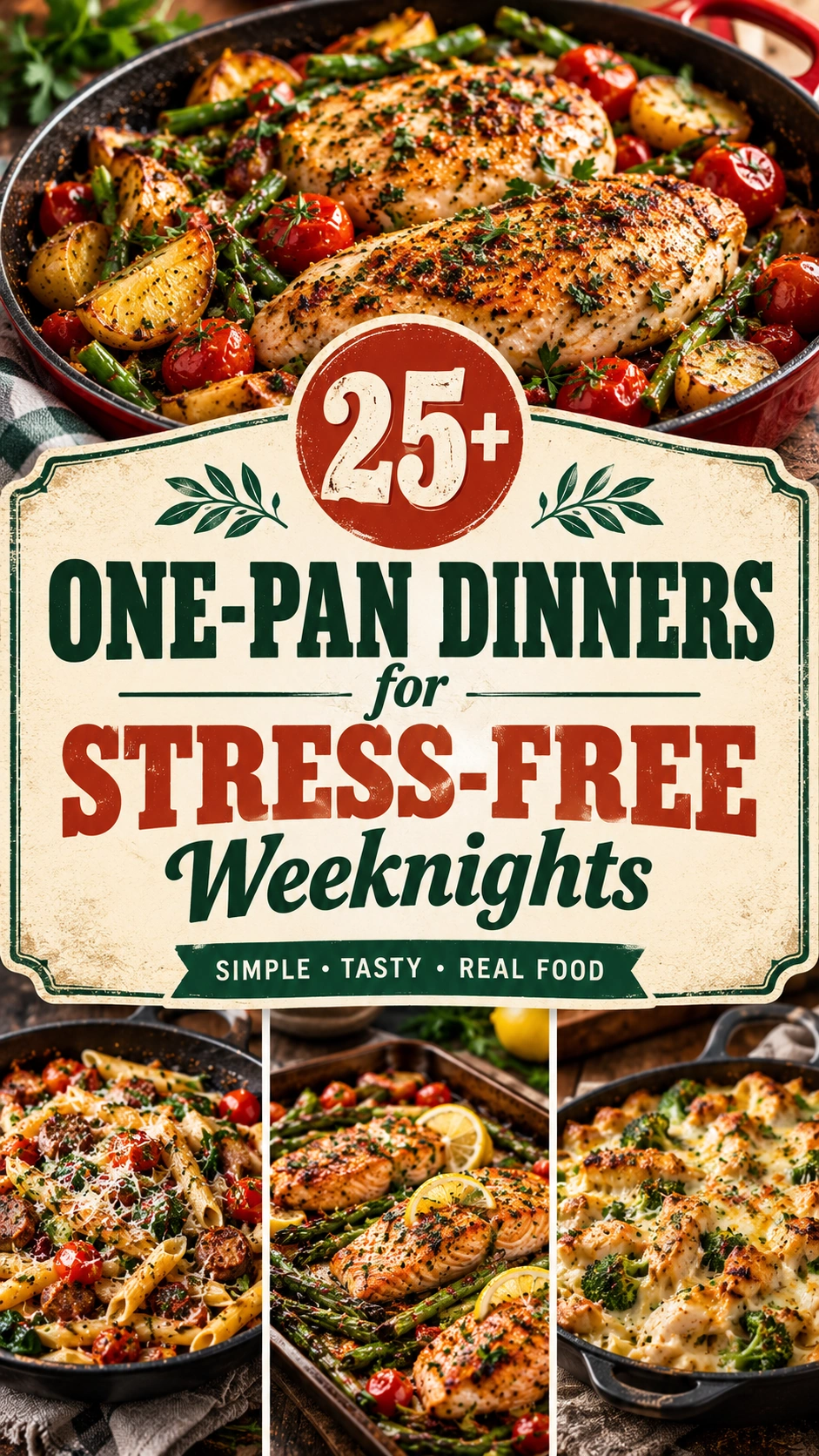 A collage of various one-pan dinners featuring roasted vegetables, chicken, and seafood