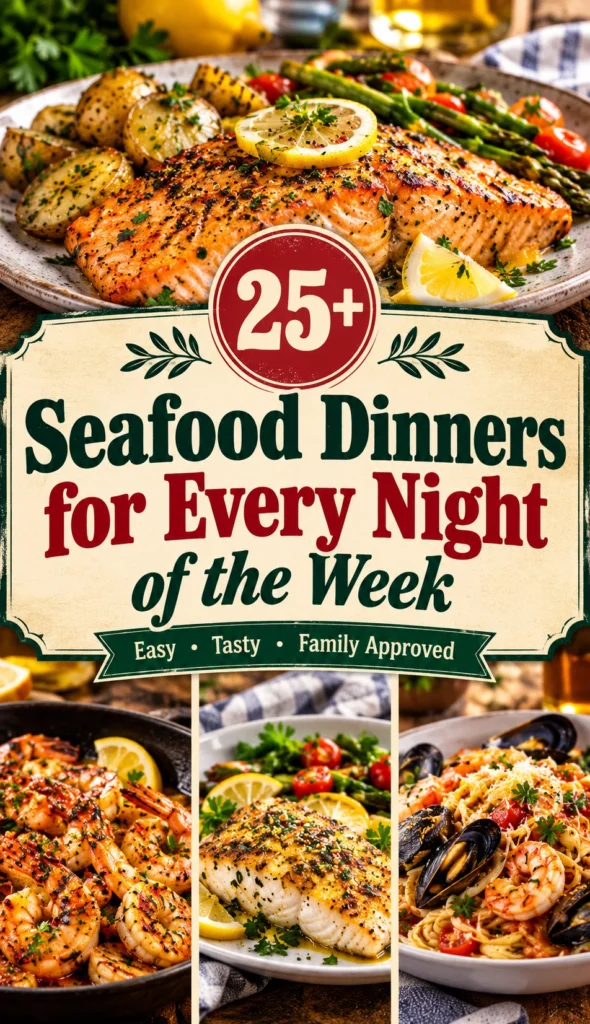 A collage of various seafood dinner dishes with a central title overlay