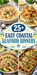 Collage of various seafood dinners including grilled salmon and shrimp in a listicle layout