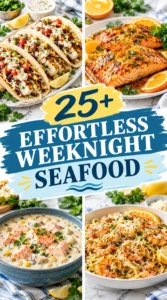 Collage of various seafood recipes featuring shrimp, salmon, and scallops in a grid