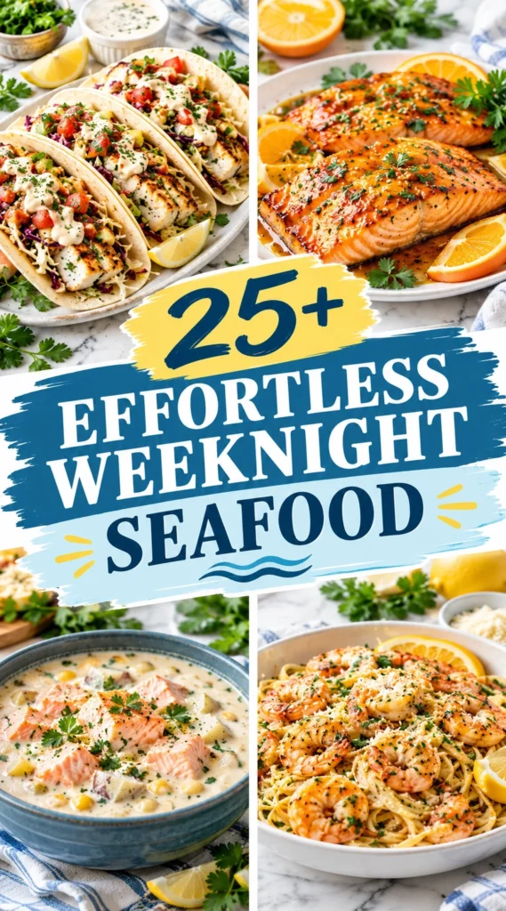 Collage of various seafood recipes featuring shrimp, salmon, and scallops in a grid