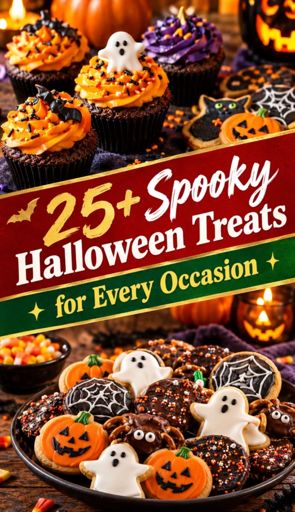 Collage of spooky Halloween treats and desserts arranged in a vertical listicle layout