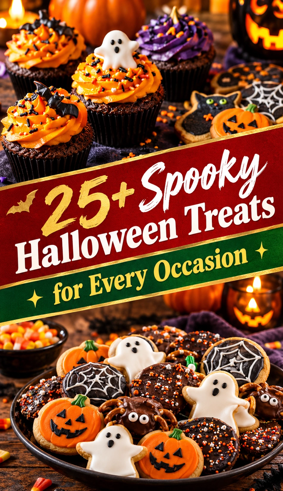 Collage of spooky Halloween treats and desserts arranged in a vertical listicle layout