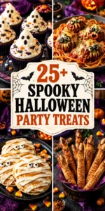 A collage of spooky Halloween treats including themed cookies and cupcakes in a vertical layout