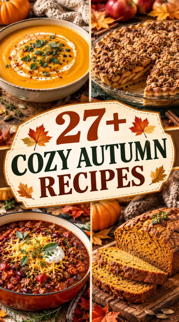 Collage of cozy autumn recipes featuring pumpkin soup, cinnamon rolls, and apple pie