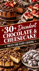 A collage of gourmet chocolate and cheesecake desserts with a bold title overlay