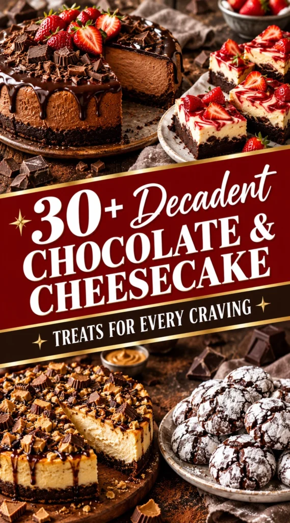 A collage of gourmet chocolate and cheesecake desserts with a bold title overlay