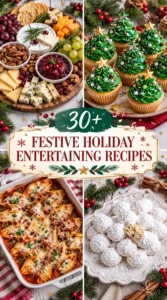 Collage of festive Christmas recipes featuring appetizers, desserts, and holiday party platters