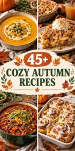 A collage of cozy autumn recipes featuring pumpkin soup and warm baked treats