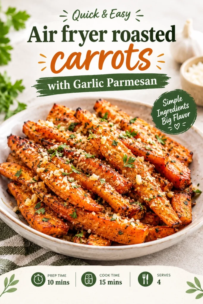 Air fryer roasted carrots coated in garlic parmesan cheese, served on a plate with fresh parsley garnish.