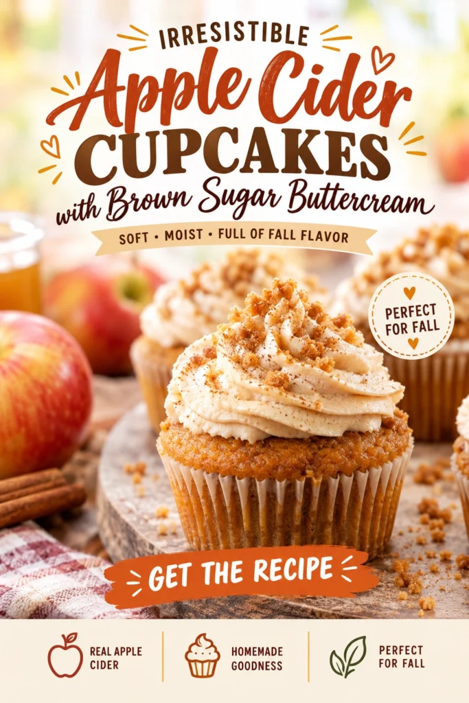 Apple cider cupcakes topped with swirls of brown sugar buttercream frosting and a sprinkle of cinnamon.