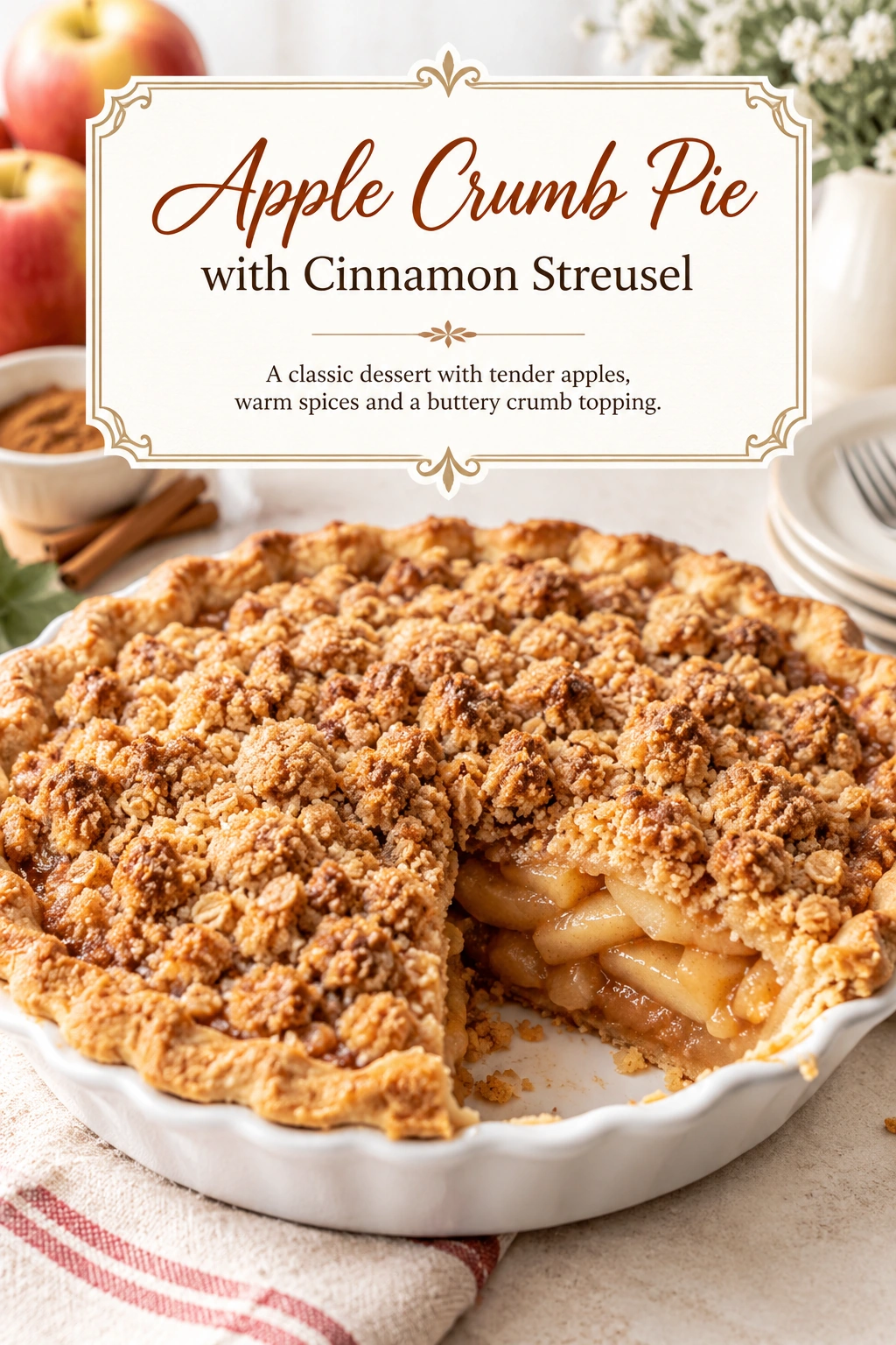 A slice of apple crumb pie with a golden-brown cinnamon streusel topping and sliced apples in a flaky crust.