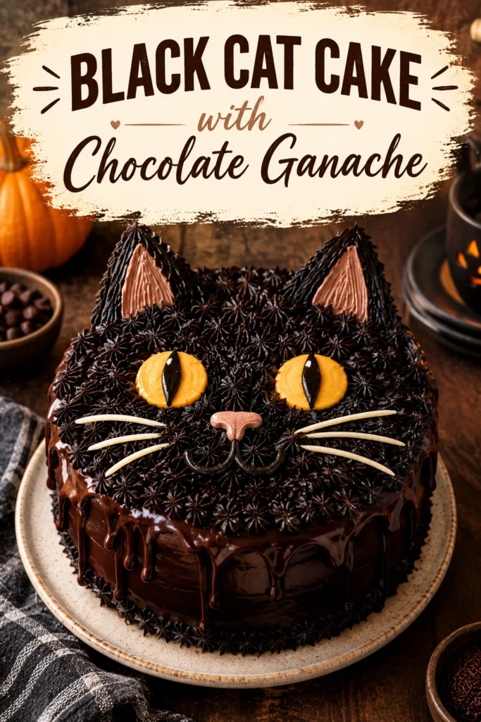 A round chocolate cake decorated as a black cat with chocolate ganache, featuring pointed ears and yellow candy eyes.
