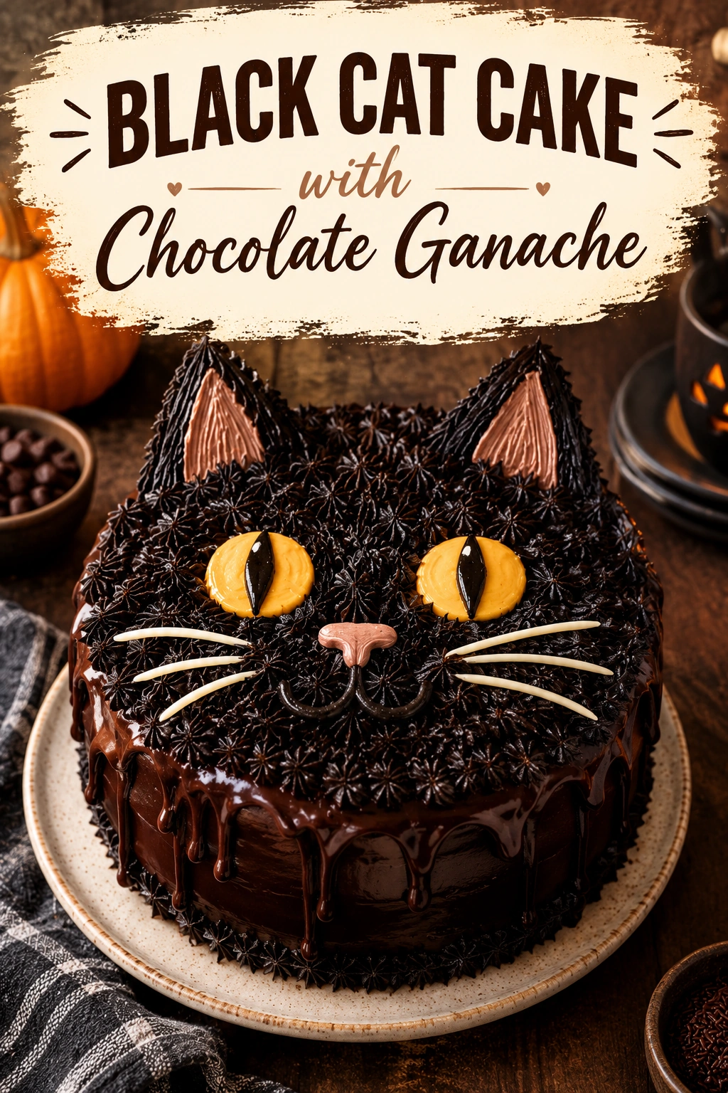 A round chocolate cake decorated as a black cat with chocolate ganache, featuring pointed ears and yellow candy eyes.