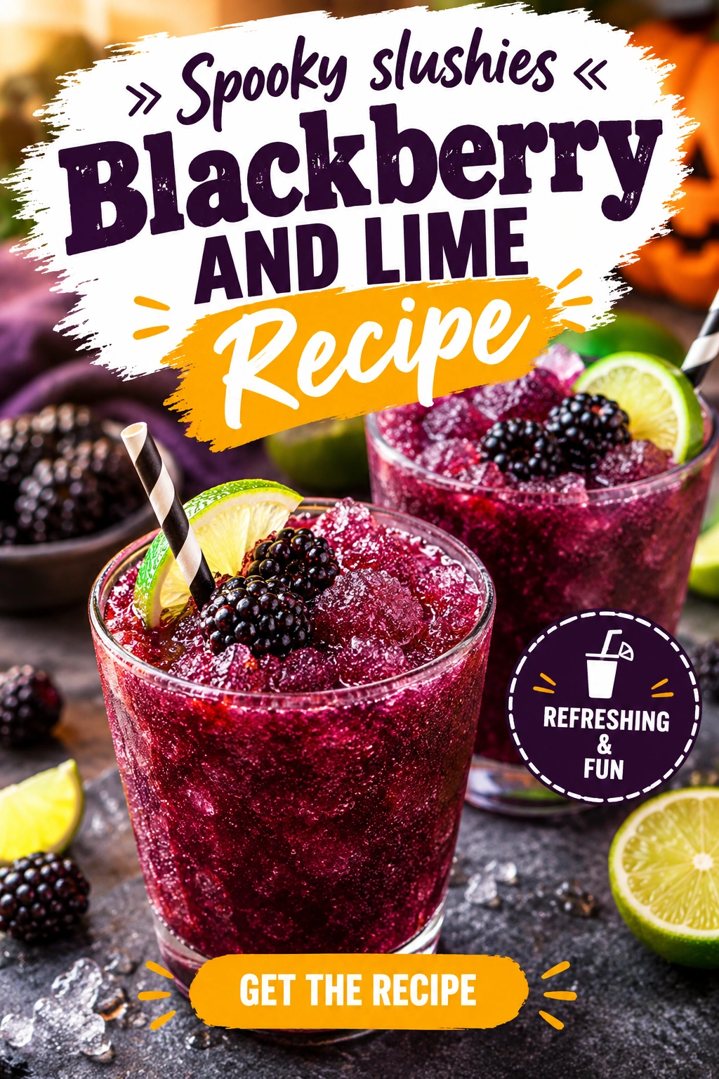Deep purple blackberry and lime slushies in glasses, garnished with fresh blackberries and lime slices on a dark background.