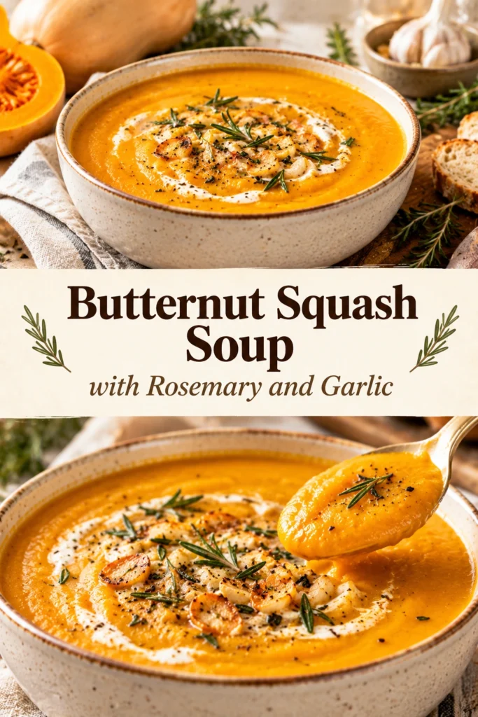 Creamy orange butternut squash soup in a white bowl, garnished with a sprig of fresh rosemary and black pepper.