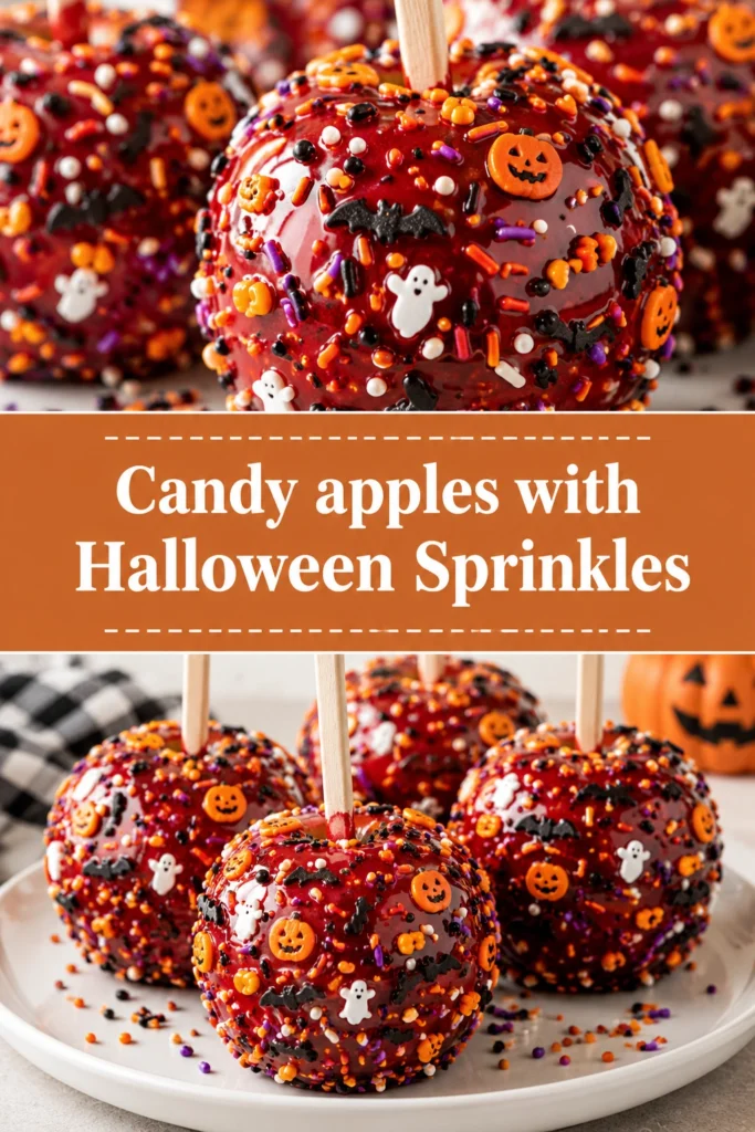 Red candy apples coated in glossy hard candy and decorated with orange, black, and white Halloween sprinkles on sticks.
