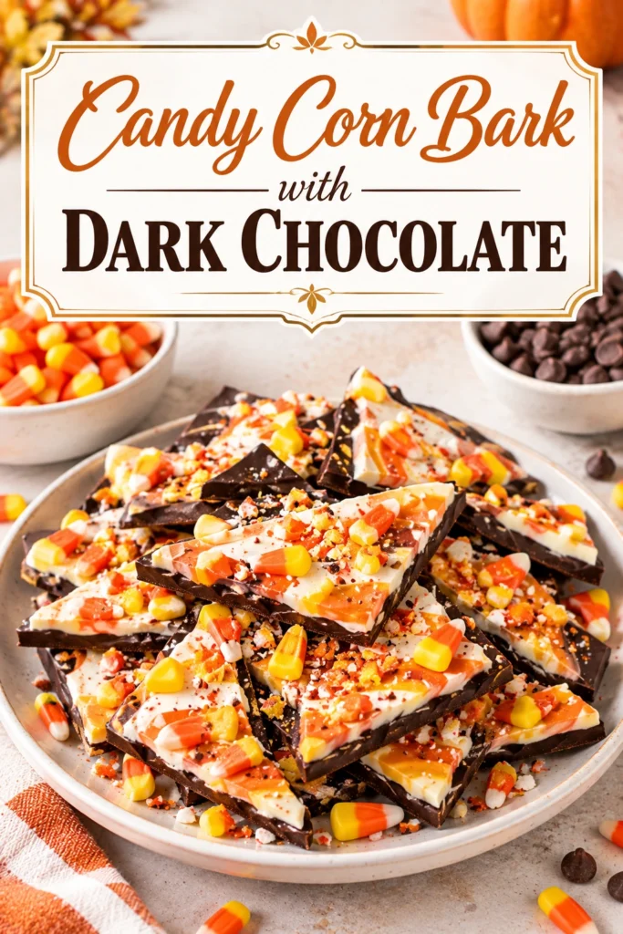 Broken shards of dark chocolate bark topped with orange, yellow, and white candy corn on a white surface.