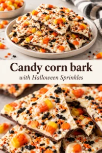 White chocolate bark layered with yellow and orange chocolate, topped with candy corn and colorful Halloween sprinkles.