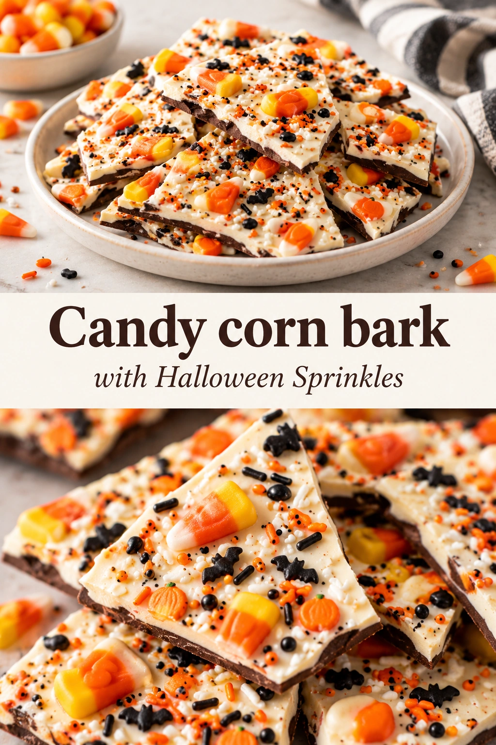 White chocolate bark layered with yellow and orange chocolate, topped with candy corn and colorful Halloween sprinkles.