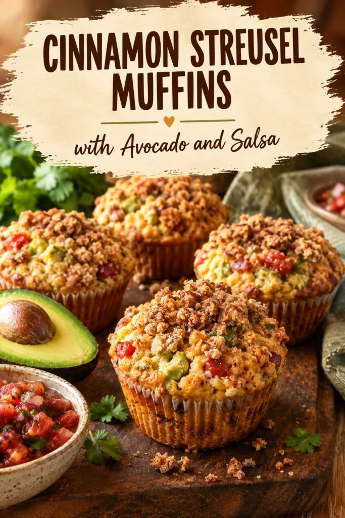 Cinnamon streusel muffins topped with sliced avocado and a spoonful of red salsa, served on a white ceramic plate.
