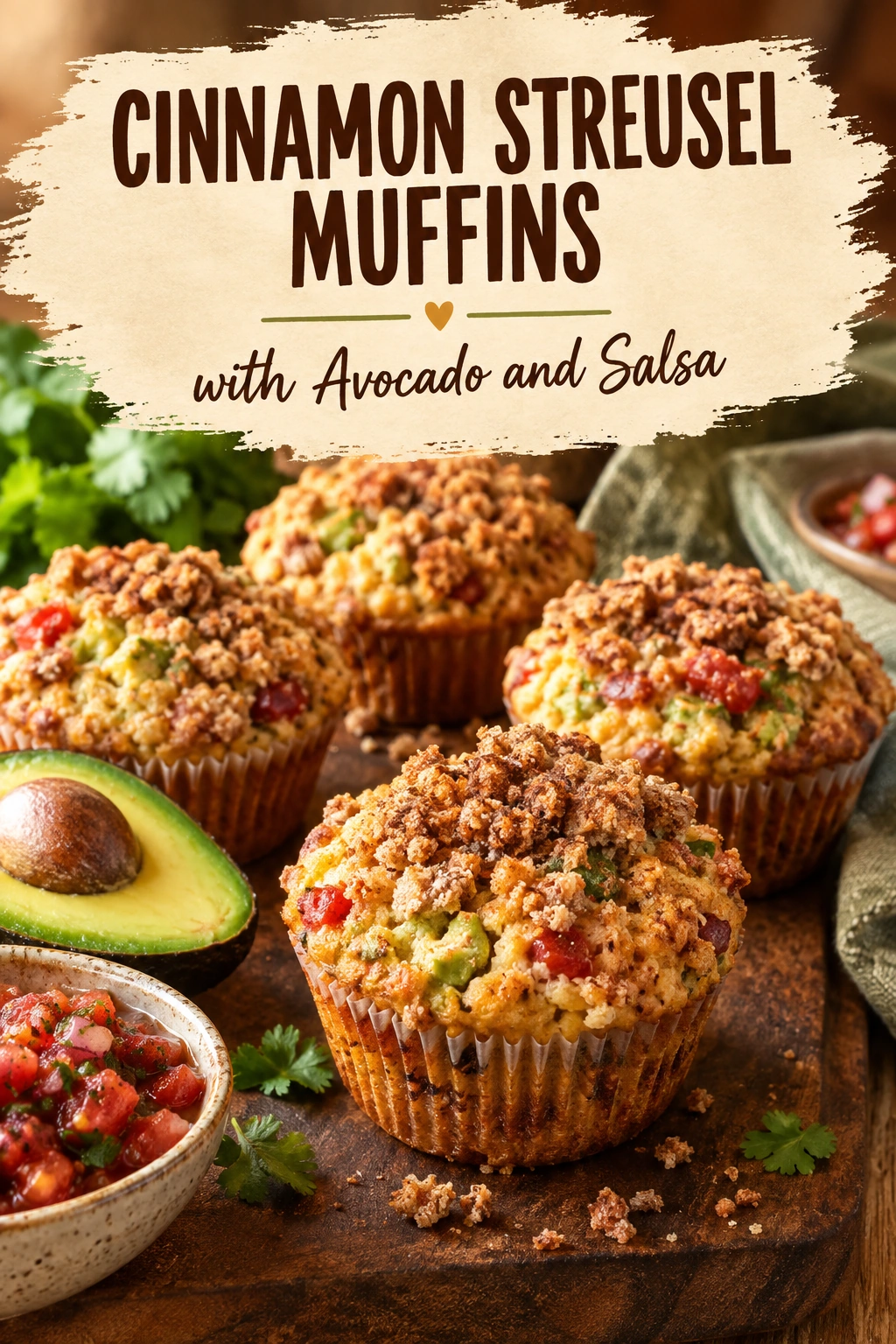 Cinnamon streusel muffins topped with sliced avocado and a spoonful of red salsa, served on a white ceramic plate.