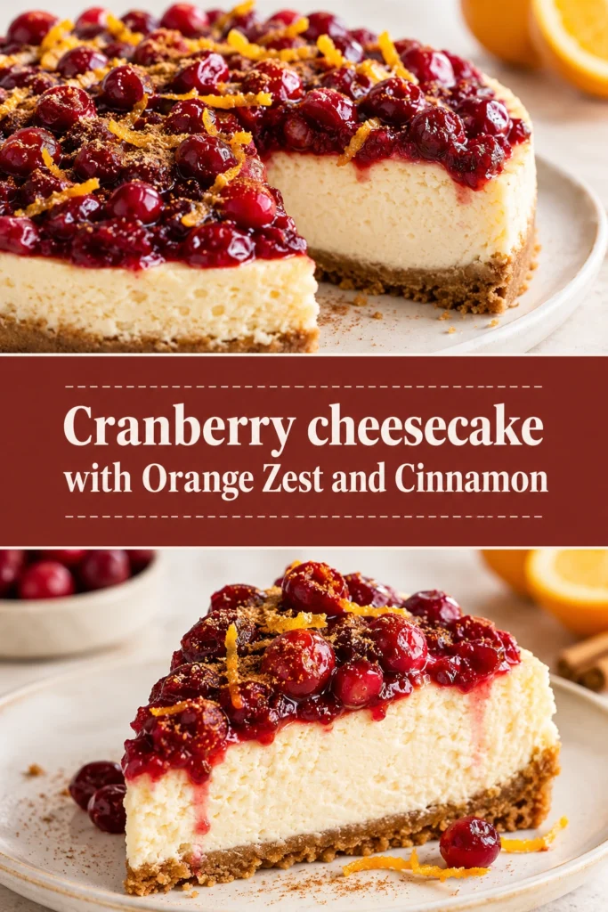 A slice of creamy cheesecake topped with a vibrant cranberry glaze, orange zest, and a dusting of cinnamon.