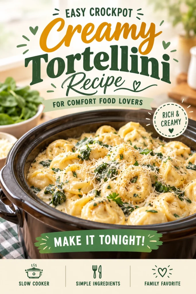 Creamy white tortellini pasta in a rich sauce with spinach and parmesan cheese, served in a white ceramic bowl.