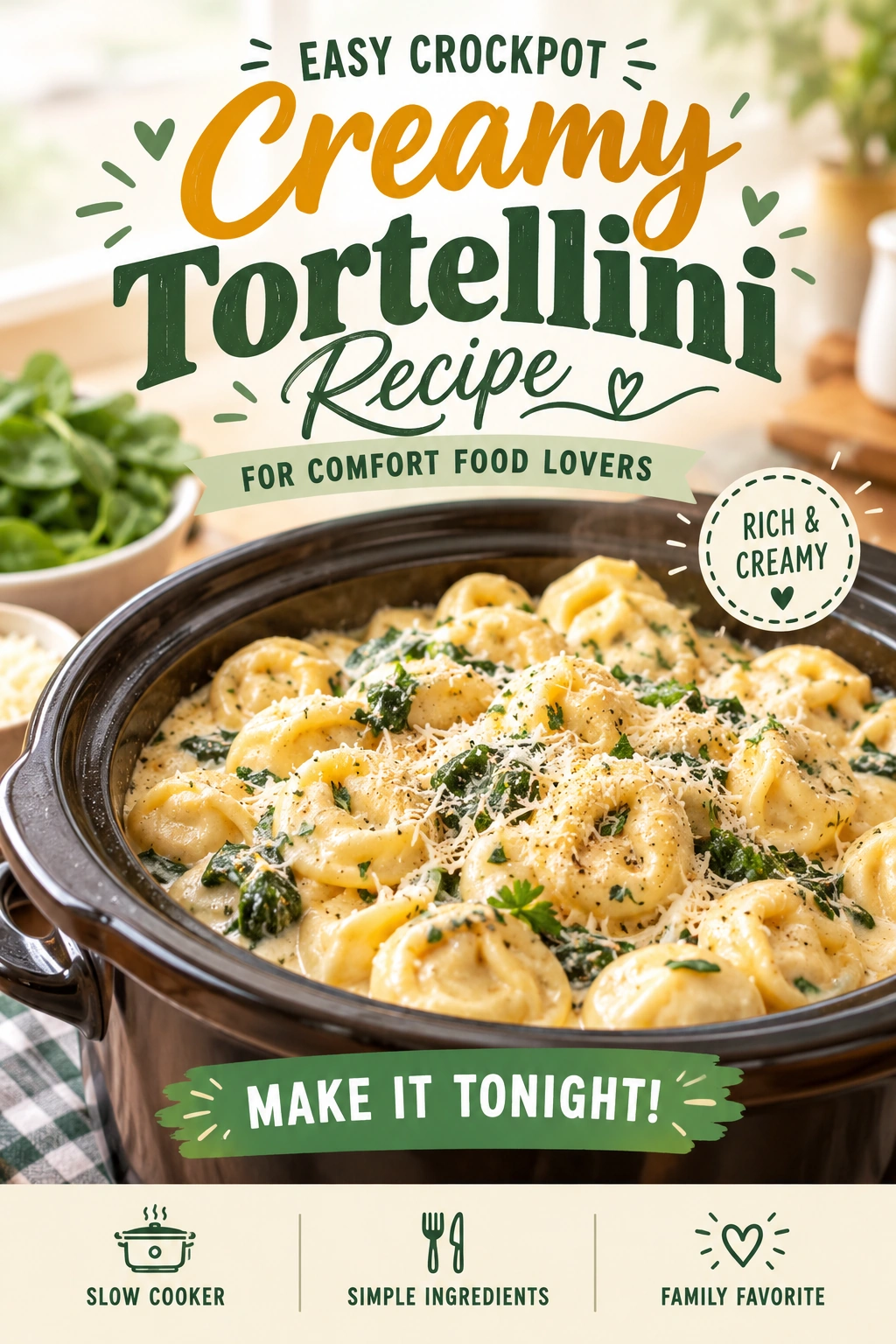 Creamy white tortellini pasta in a rich sauce with spinach and parmesan cheese, served in a white ceramic bowl.