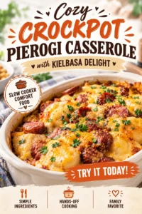 A slow cooker casserole of pierogi and sliced kielbasa sausage topped with melted cheese and fresh chopped parsley.