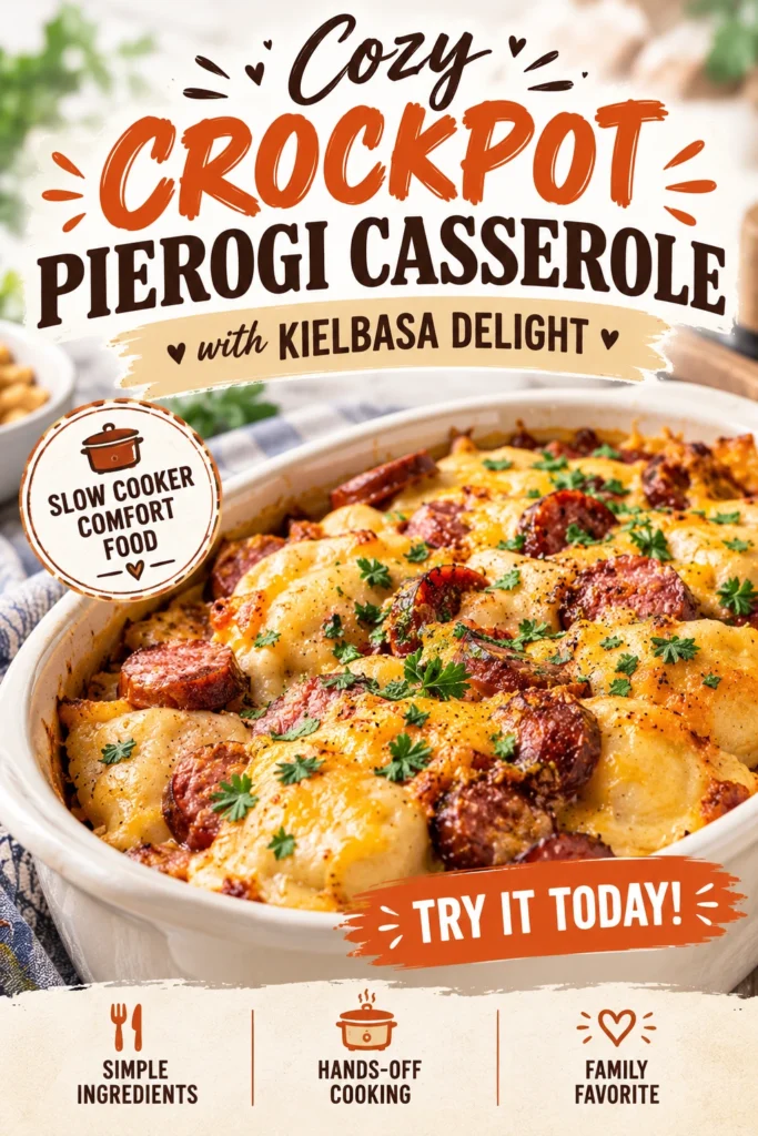 A slow cooker casserole of pierogi and sliced kielbasa sausage topped with melted cheese and fresh chopped parsley.
