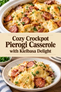A slow cooker casserole of potato and cheese pierogi mixed with sliced kielbasa and melted cheese in a pot.