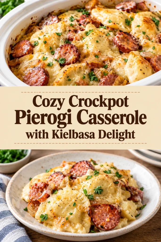 A slow cooker casserole of potato and cheese pierogi mixed with sliced kielbasa and melted cheese in a pot.