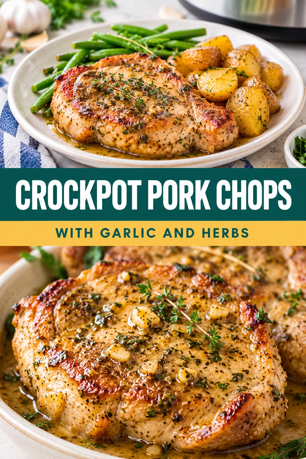 Tender pork chops in a savory garlic and herb gravy, garnished with fresh parsley in a slow cooker pot.