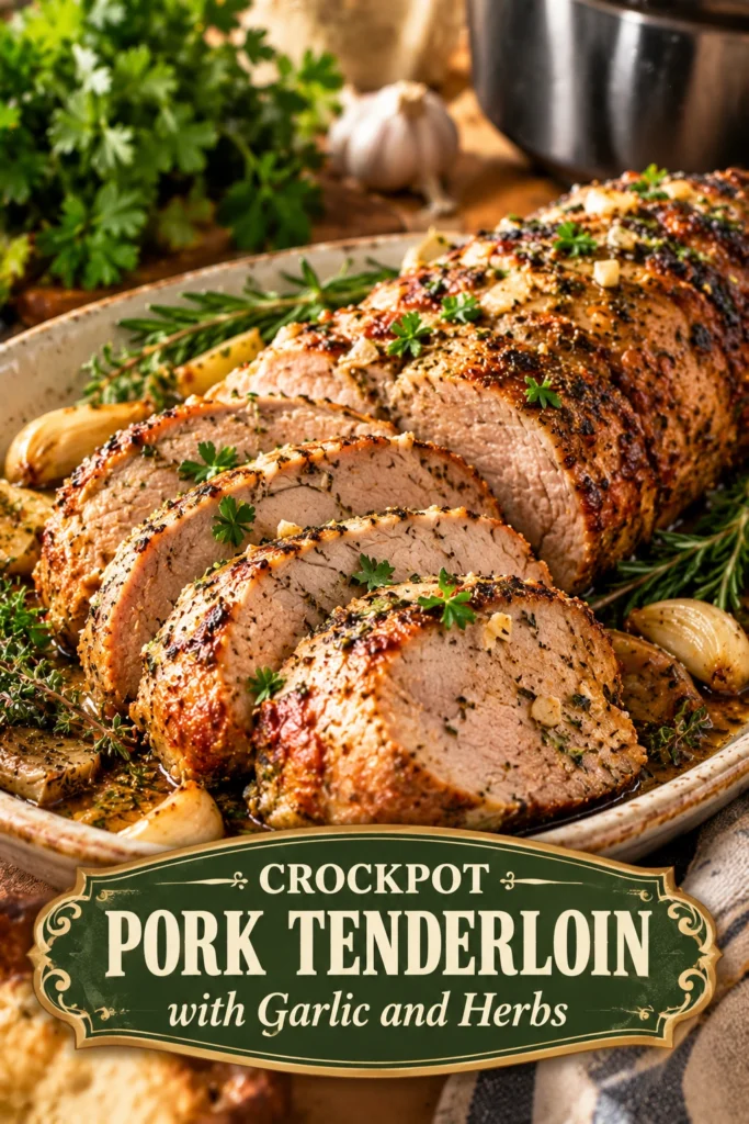 Sliced crockpot pork tenderloin seasoned with garlic and herbs, served on a platter with a light savory sauce.