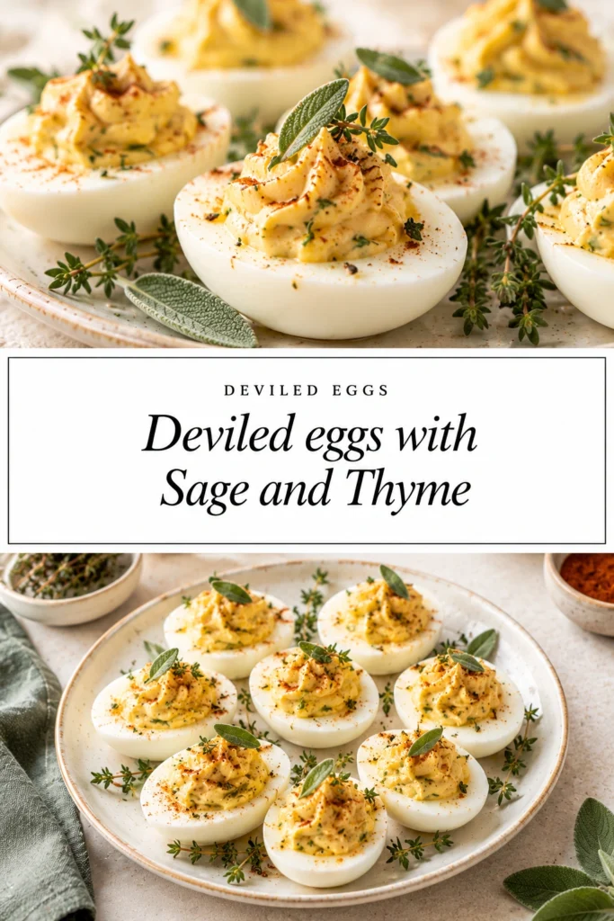 Platter of deviled eggs filled with creamy herb stuffing, garnished with fresh sage and thyme leaves on a plate.