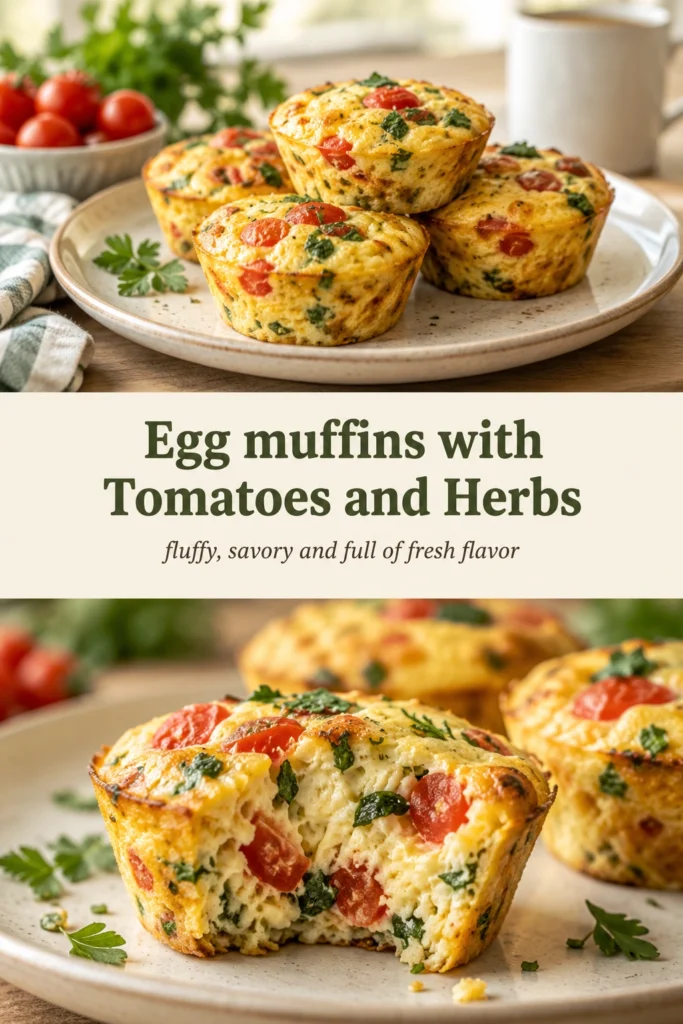 Savory egg muffins baked in a tin, topped with halved cherry tomatoes and fresh green herbs on a platter.