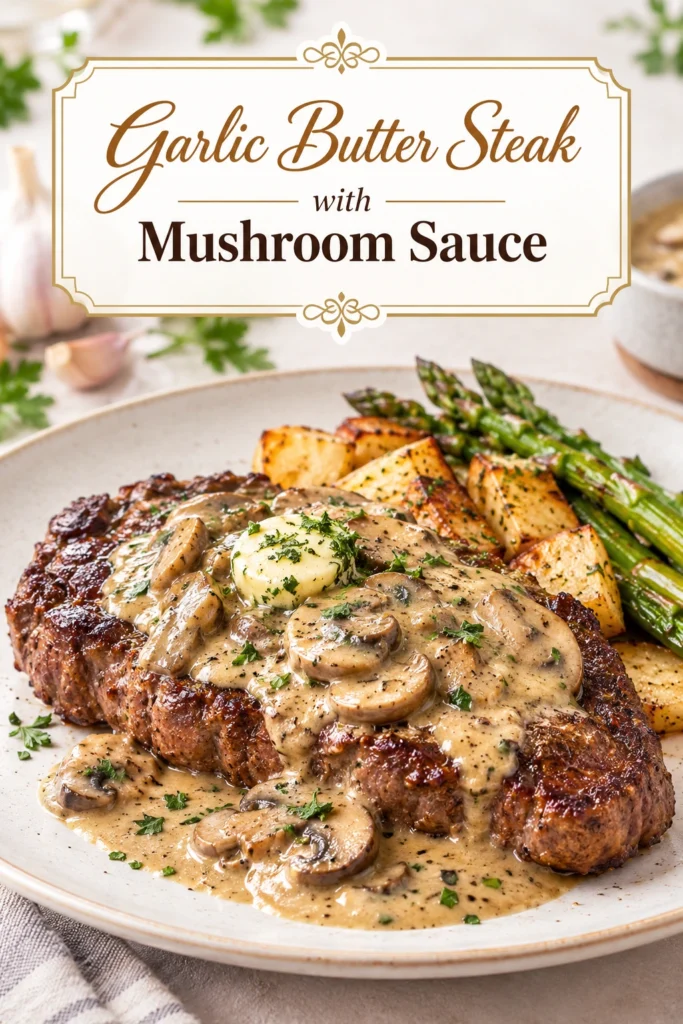 Slices of seared steak topped with a creamy mushroom sauce and melted garlic butter on a white plate.