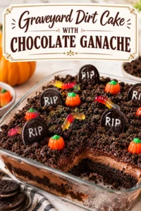 Chocolate cake topped with crushed cookies and ganache, decorated with chocolate tombstone cookies and gummy worms in a dish.