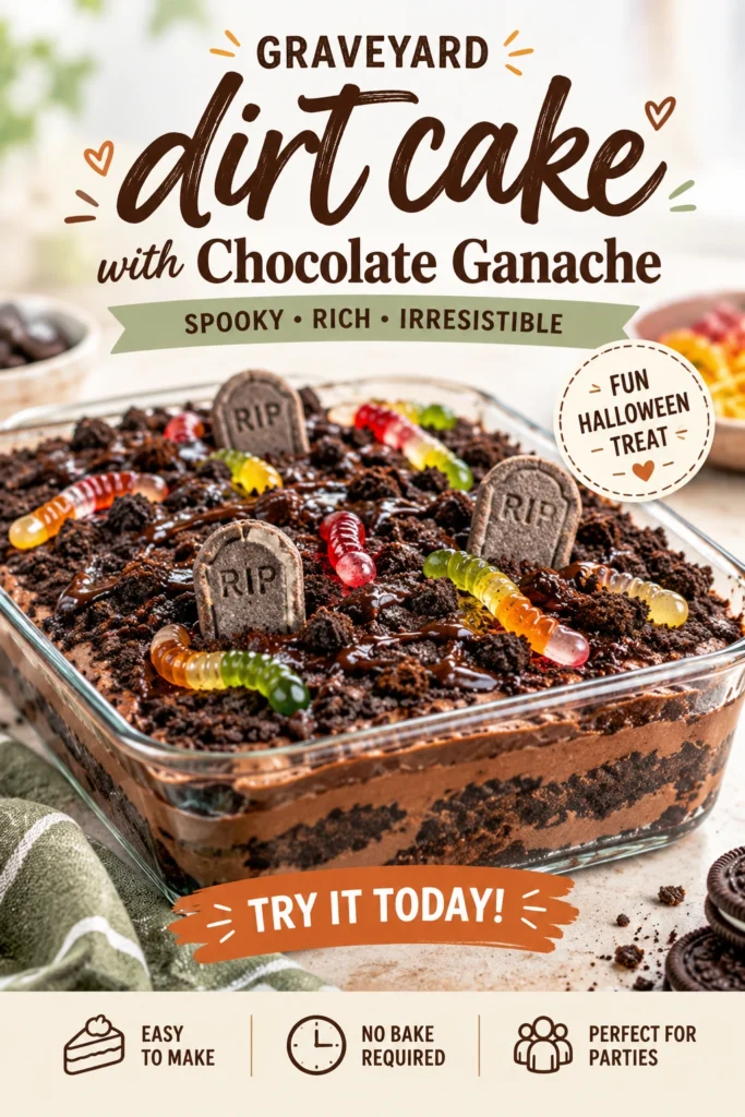 Chocolate dirt cake topped with chocolate ganache, crushed chocolate cookies, and tombstone cookies in a glass trifle bowl.
