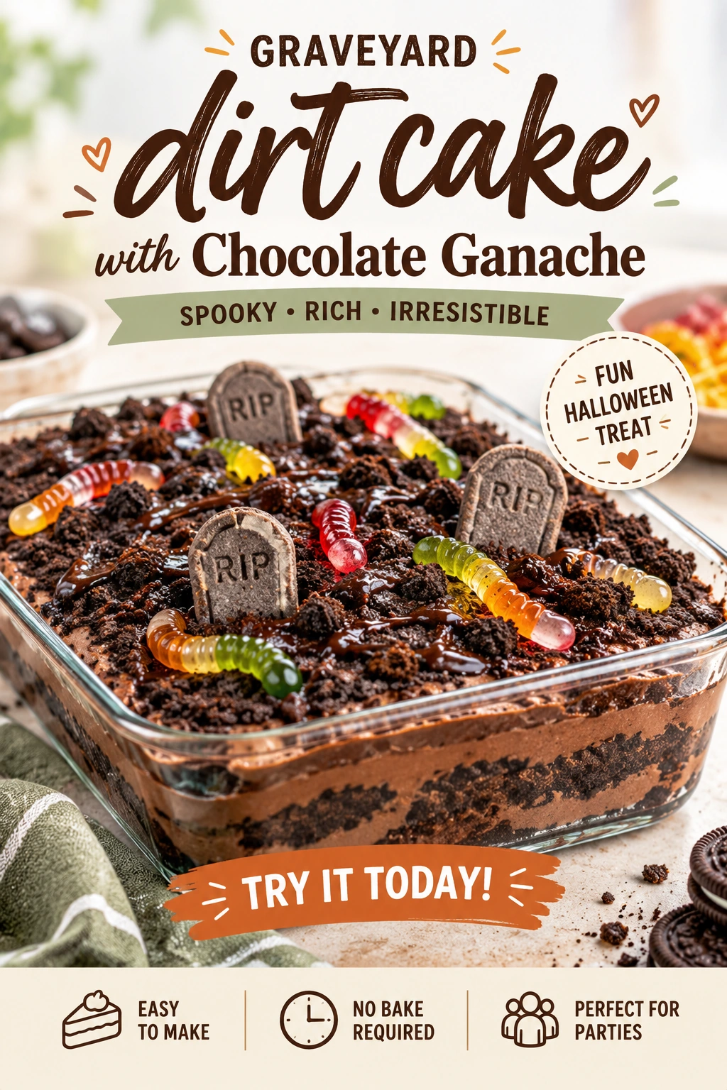 Chocolate dirt cake topped with chocolate ganache, crushed chocolate cookies, and tombstone cookies in a glass trifle bowl.