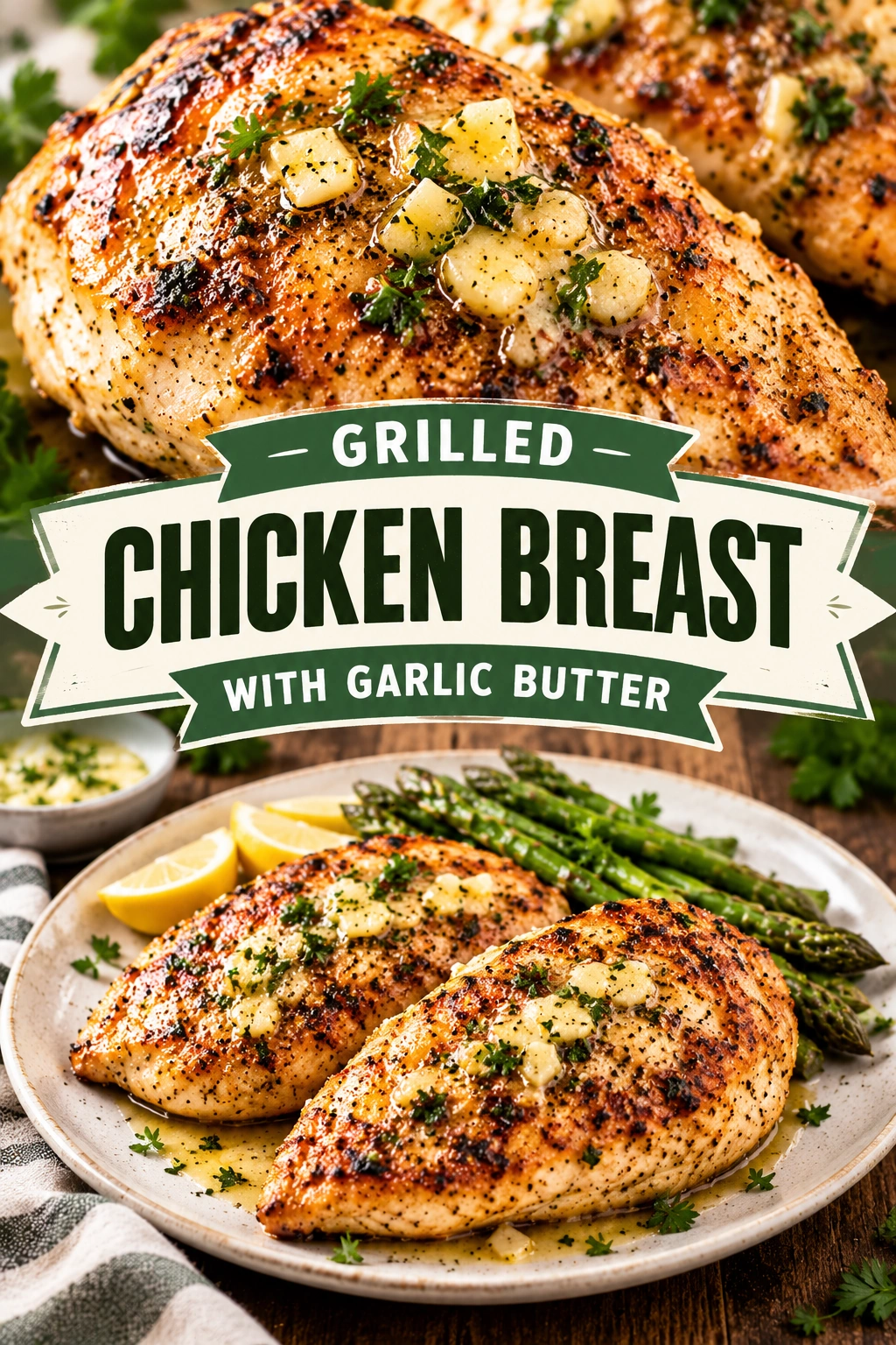 Sliced grilled chicken breasts topped with melted garlic butter and fresh parsley on a white plate.