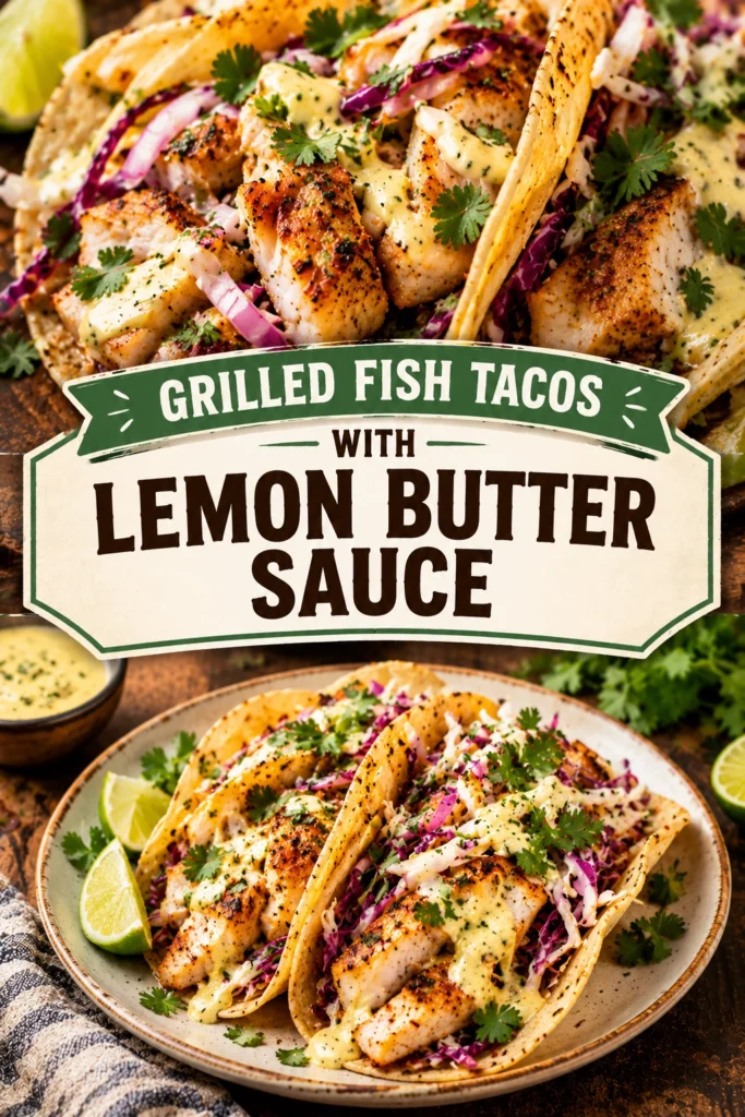 Three grilled fish tacos in corn tortillas topped with shredded cabbage, cilantro, and a drizzle of lemon butter sauce.