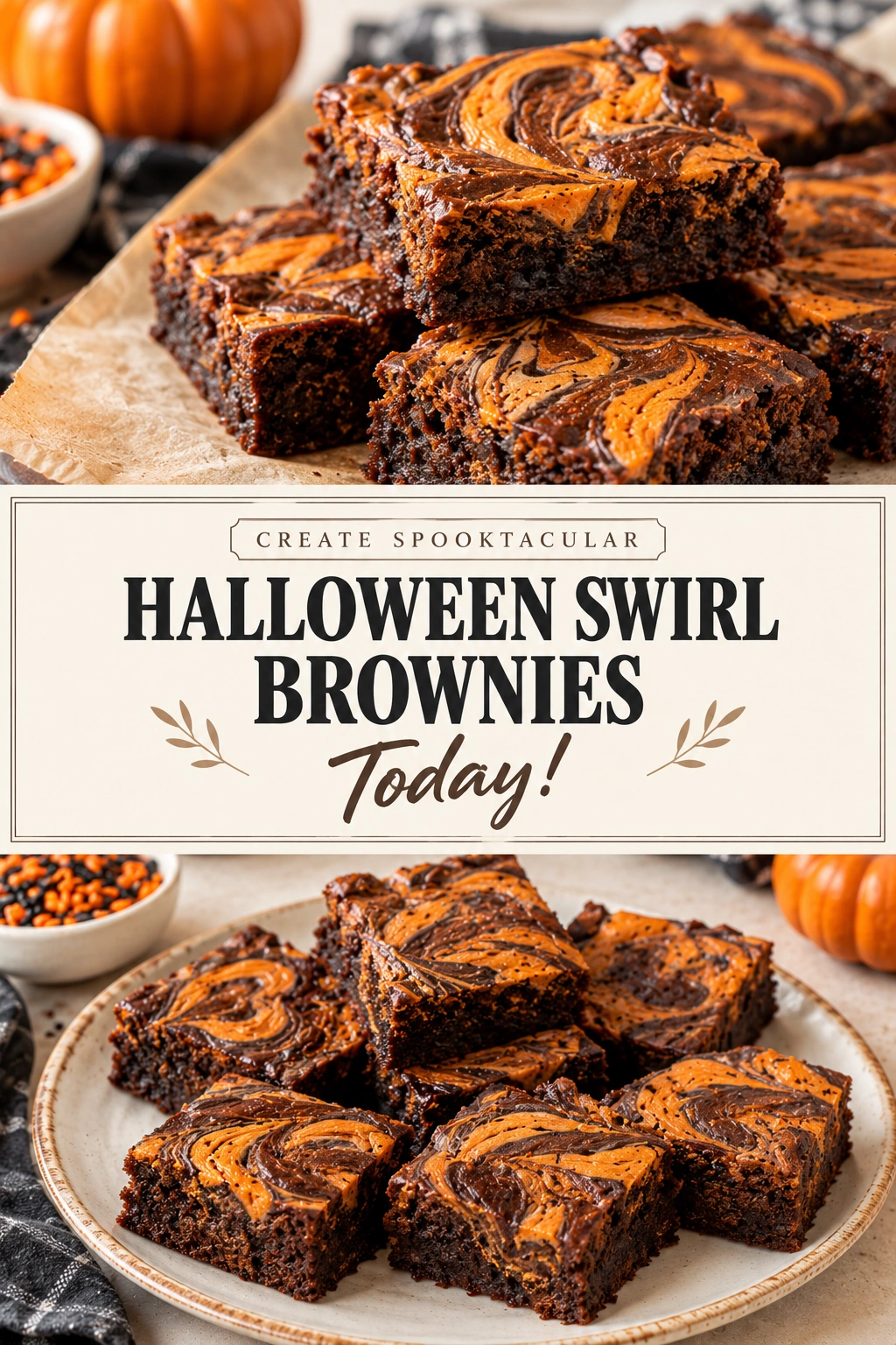 Square chocolate brownies with orange and white frosting swirled into spooky spider web patterns, sliced into neat serving pieces.